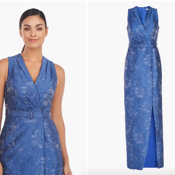 KAY UNGER EDIE FLORAL BELTED COLUMN SURF BLUE GOWN sz 4 - Picture 2 of 4